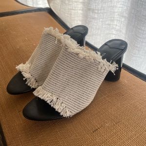 Linen Heeled Mules with Fringe Edges